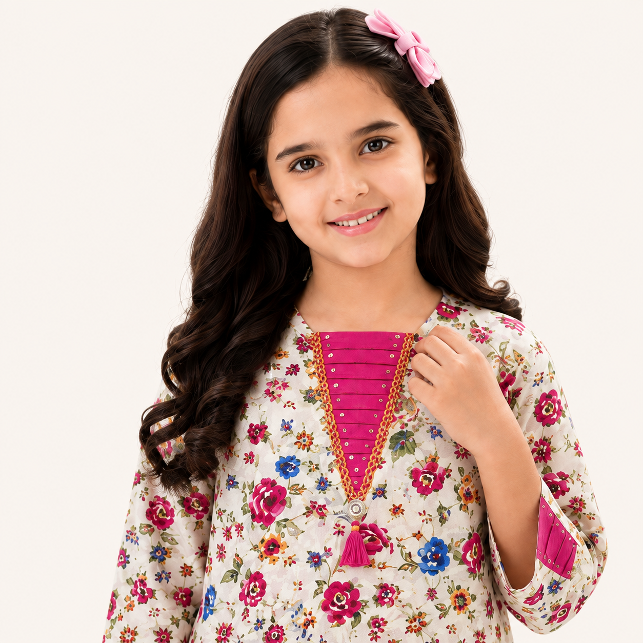 Blooming Garden Girls' Lawn Co-ord Set – Floral Print with Fuchsia Embellished Neckline