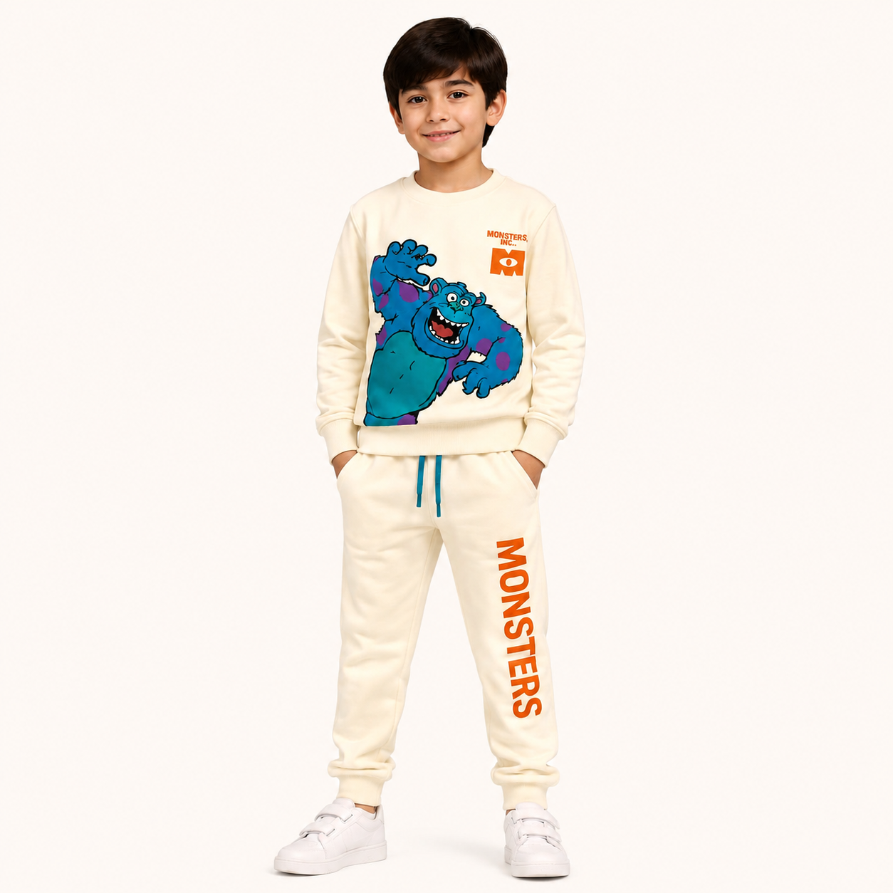 Boys Cream Winter Tracksuit – Monster Graphic 2 Piece Suit | Tiny Soul