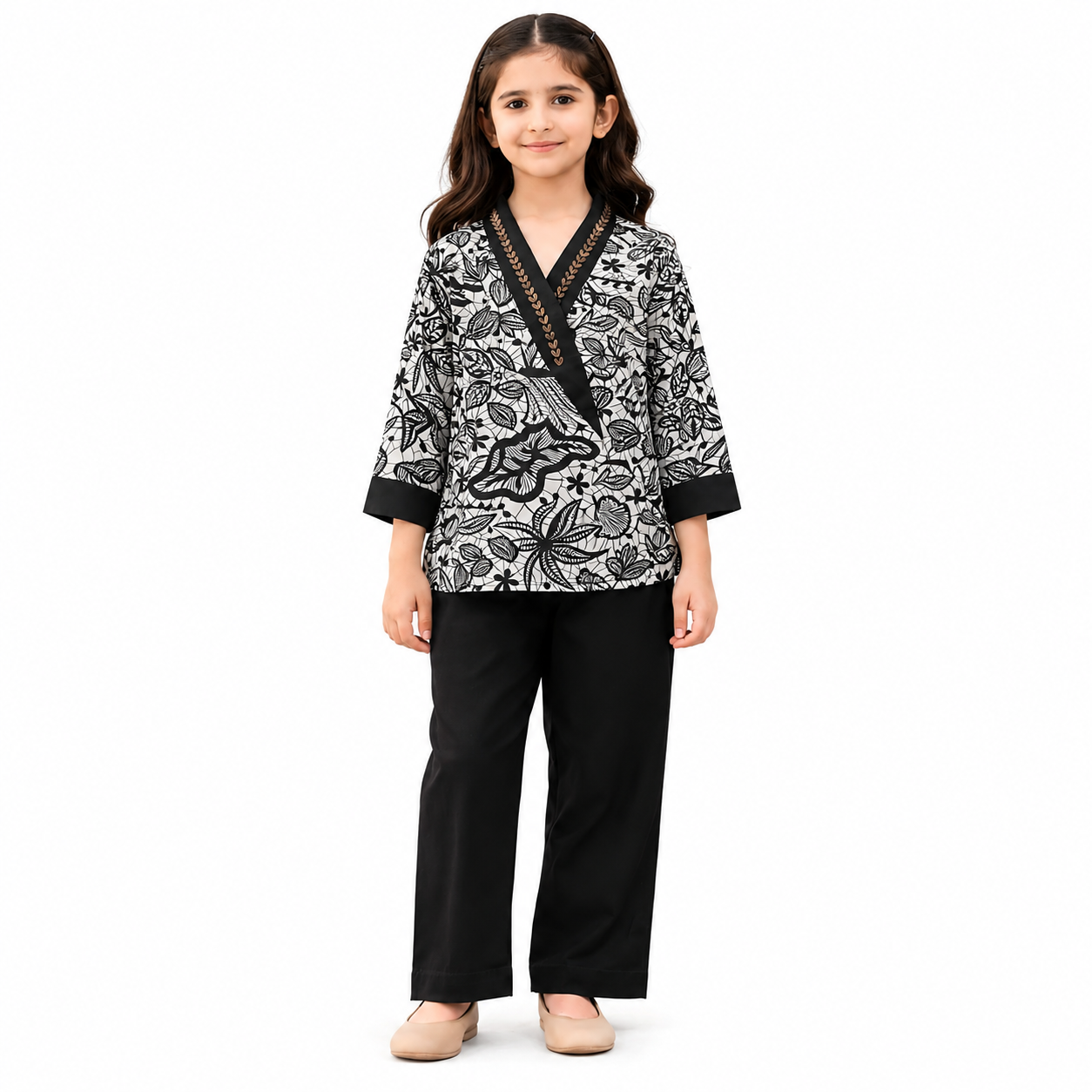 Girls Black & White Botanical Printed 2 Piece Suit | Kids Cotton Co-Ord Set | Tiny Soul Pakistan