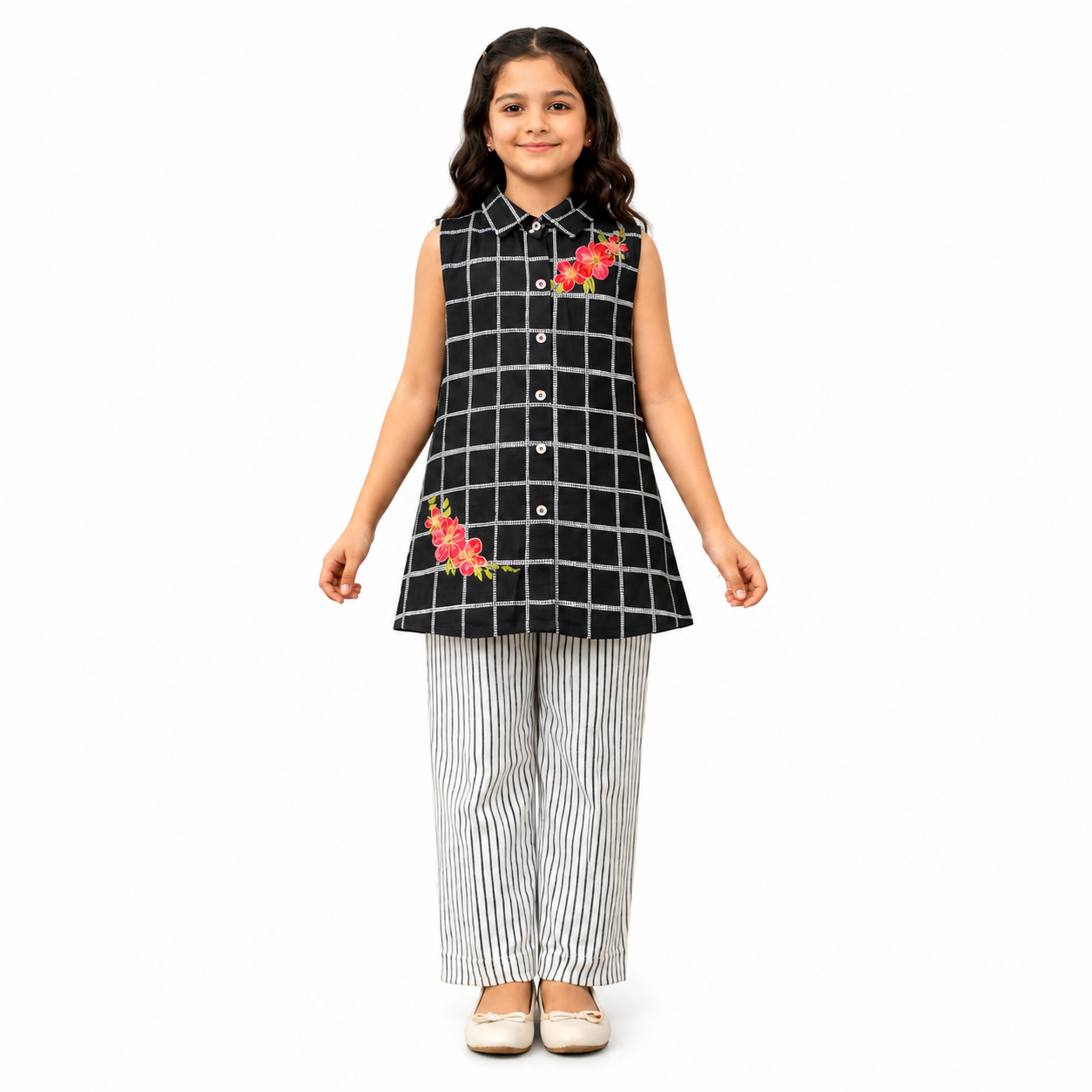 Girls Black & White Checkered Embroidered Sleeveless Co-Ord Set | Kids Summer Outfit