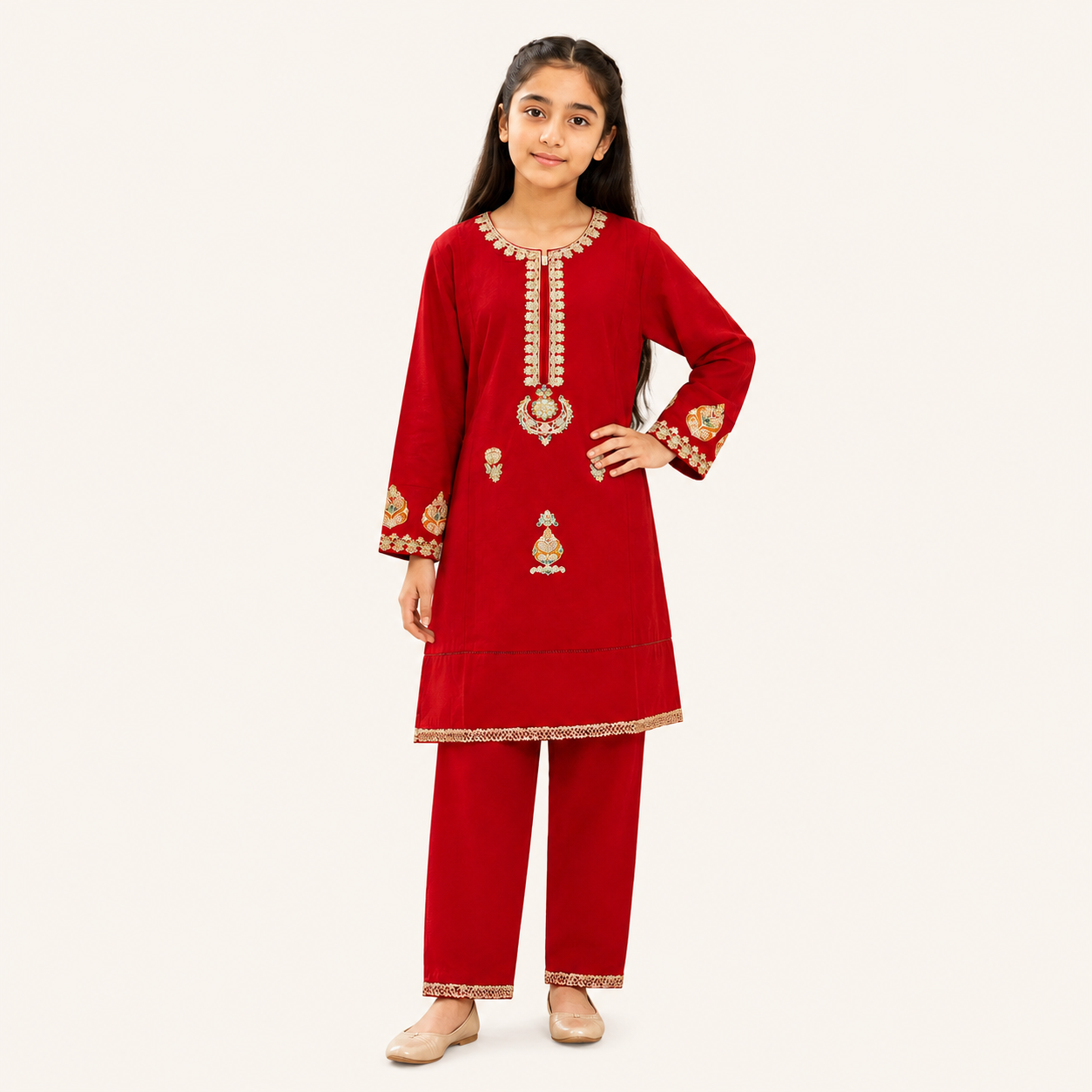 Girls Elegant Red Embroidered Suit