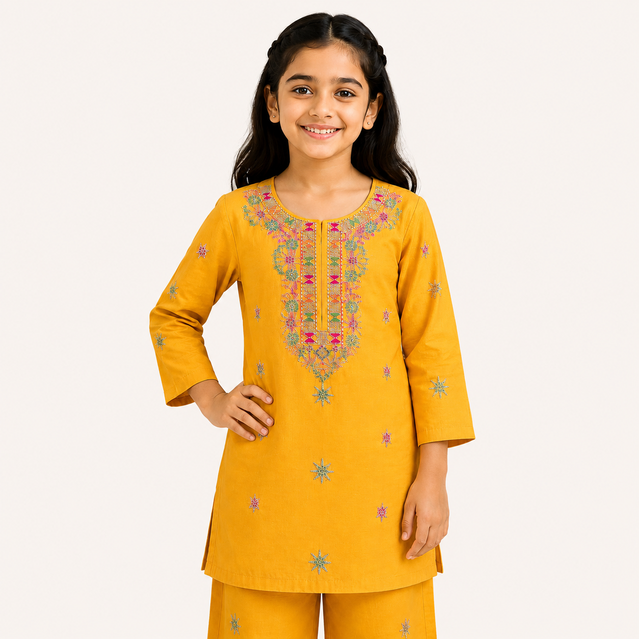 Girls Embroidered Mustard Co-Ord Set – Elegant Kids Eastern Wear