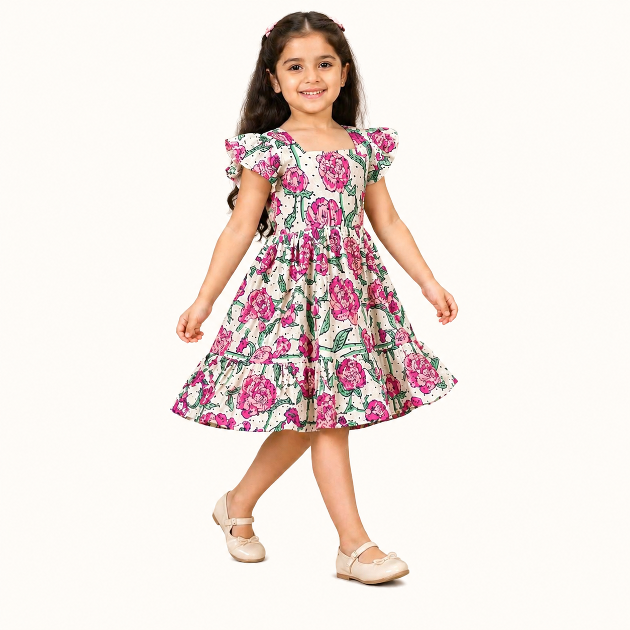 Girls Floral Print Frock Dress | Pink & White Party Wear | TinySoul
