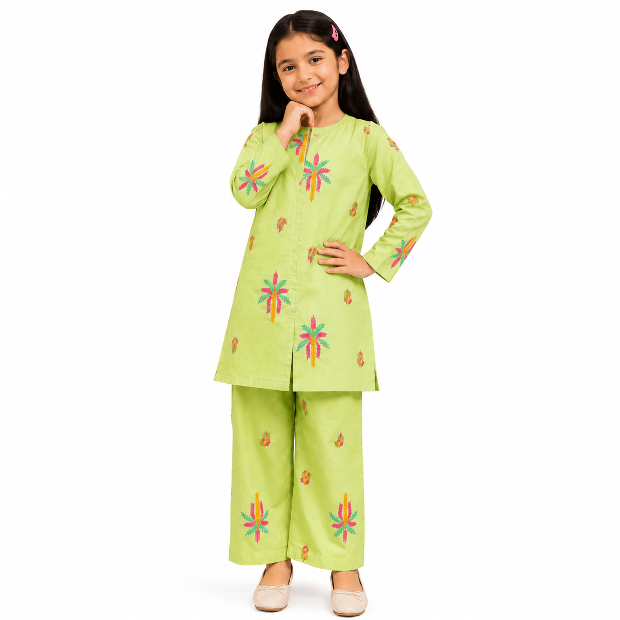 Girls Light Lime Green Embroidered Cotton Suit – Premium Kids Wear | Tiny Soul
