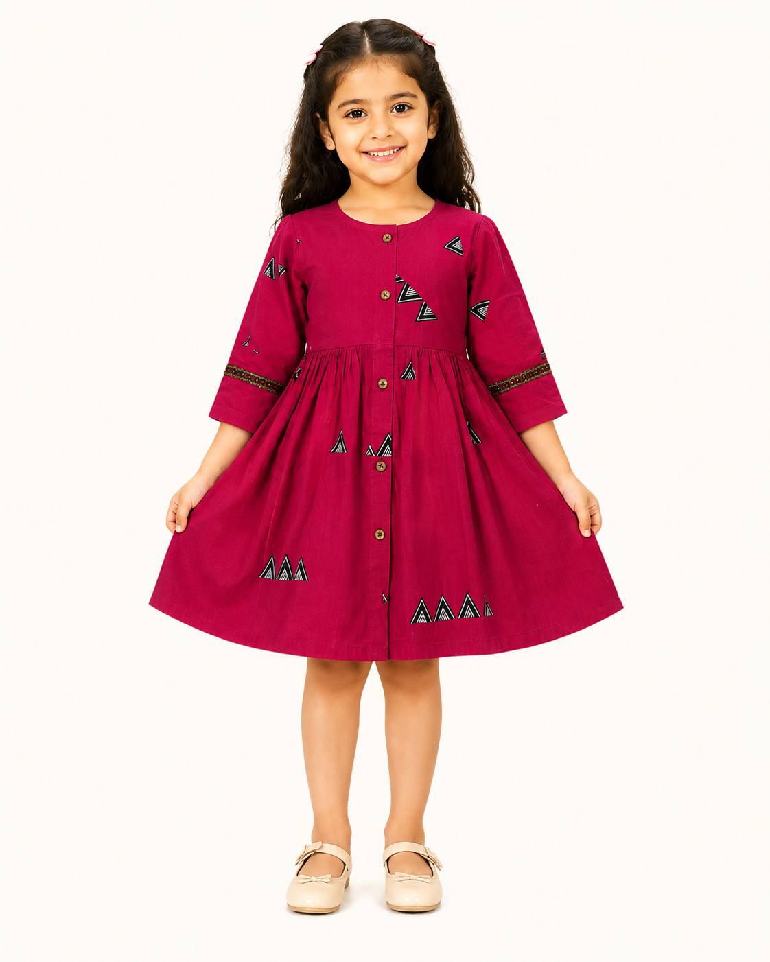 Girls Magenta Printed Frock Dress | Button Front Party Wear | TinySoul