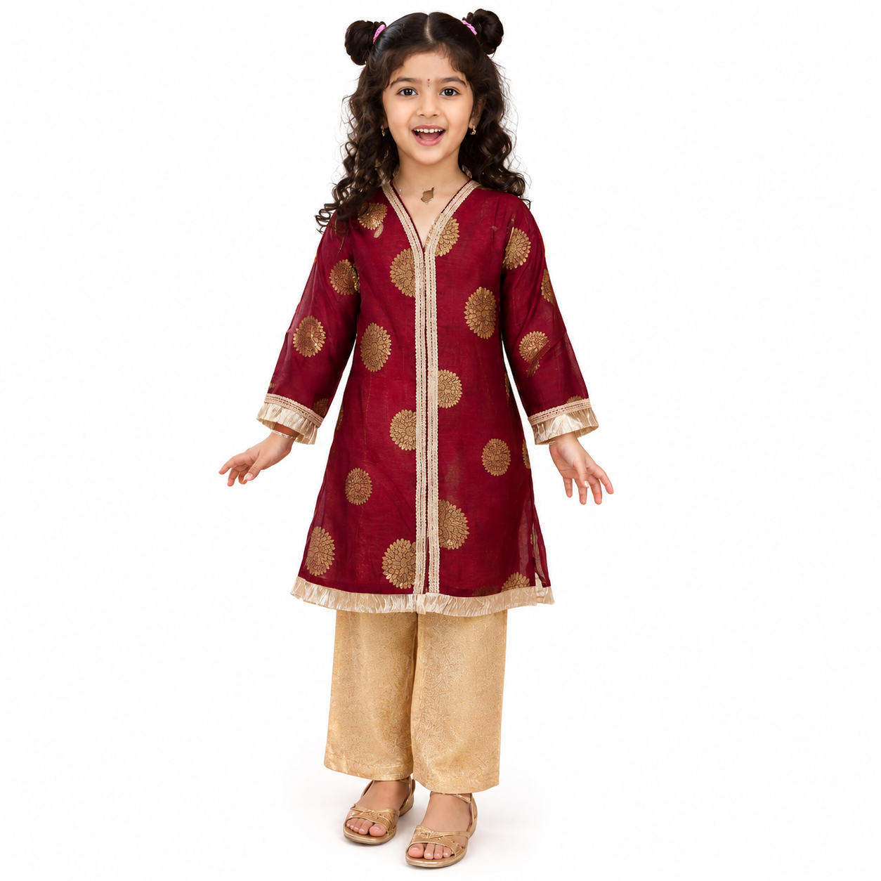 Girls Maroon Banarsi Kurta Trouser Set – Ethnic Festive Wear for Girls | TinySoul
