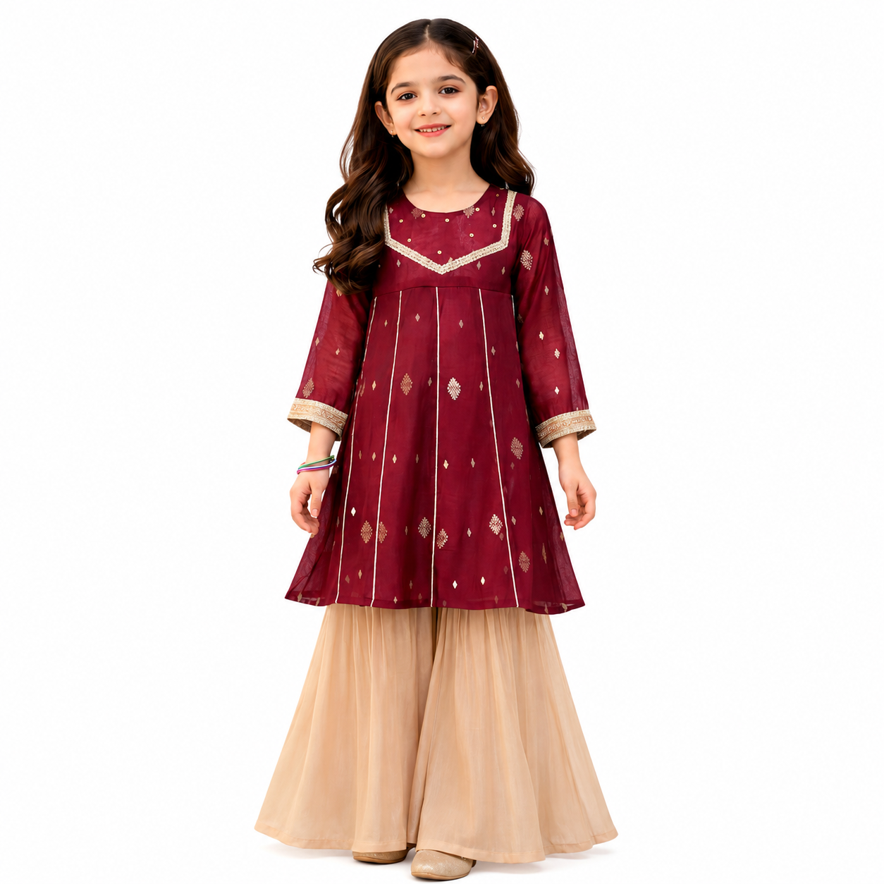 Girls Maroon Embroidered Kurti with Beige Sharara | Festive Ethnic Dress