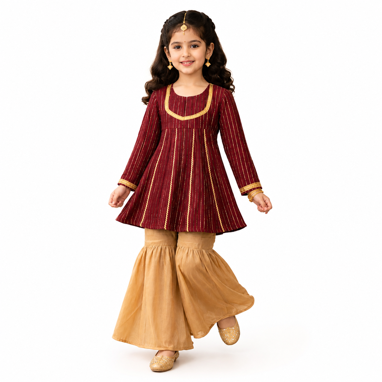 Girls Maroon Kurti with Golden Sharara Set | Kids Festive Party Wear | Tiny Soul Pakistan