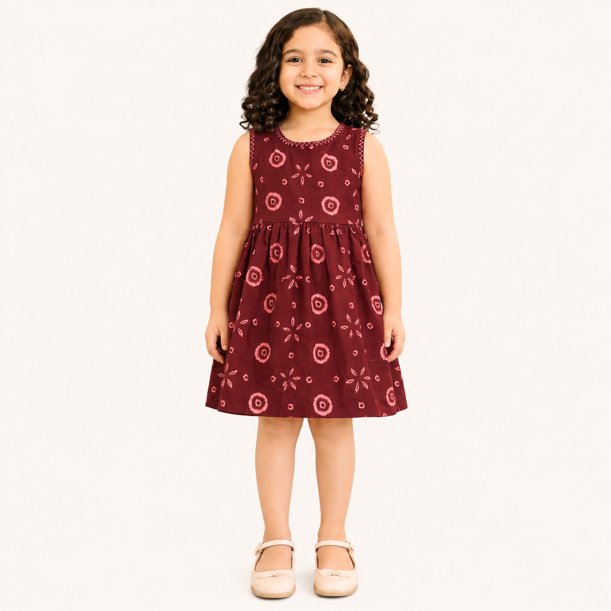 Girls Maroon Printed Cotton Sleeveless Dress | Kids Summer Frock | Tiny Soul Pakistan