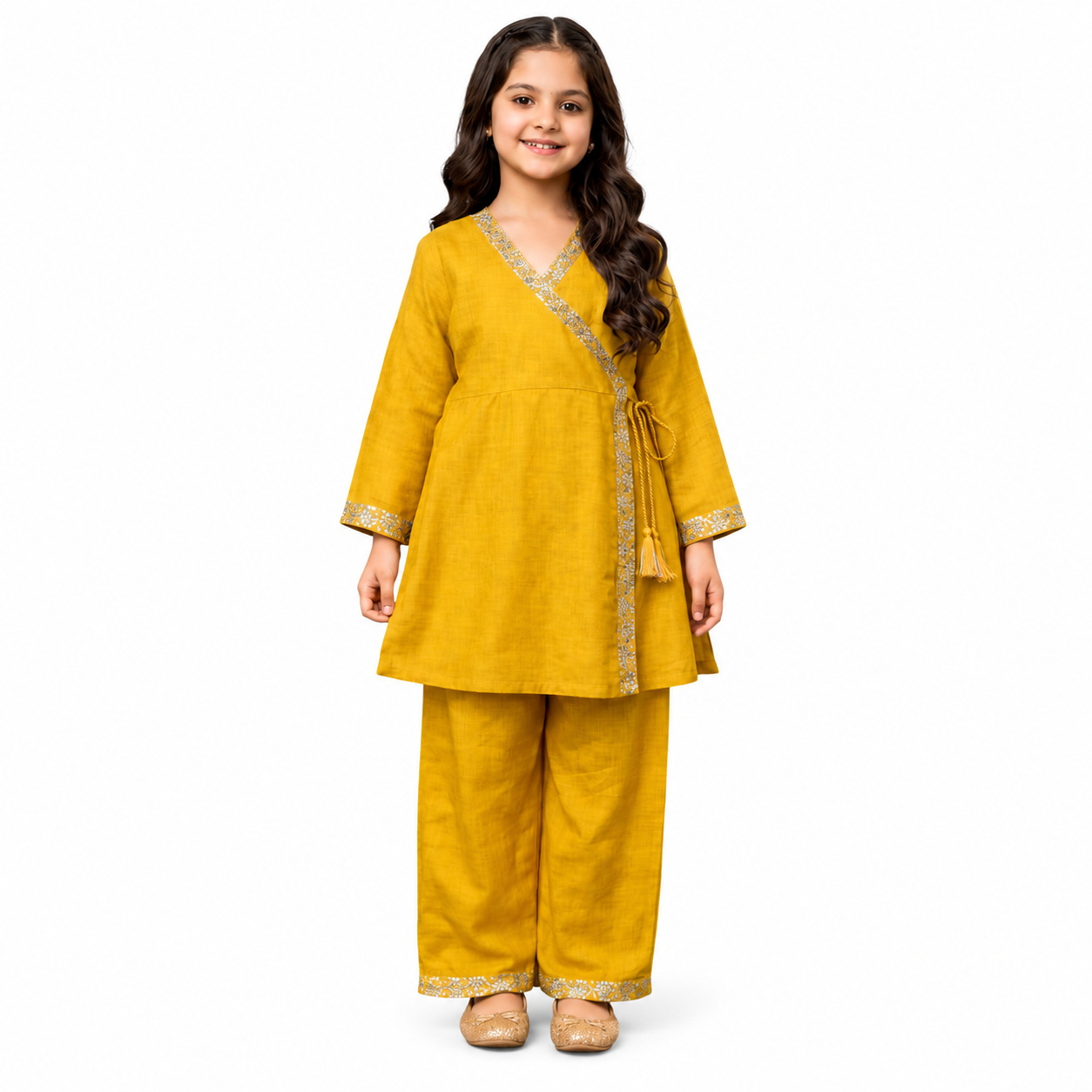 Girls Mustard Wrap Style Co-Ord Set – Premium Kids Eastern Wear