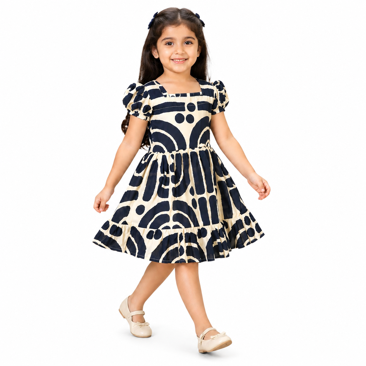 Girls Navy Blue & Cream Printed Cotton Frock – Premium Kids Dress | Tiny Soul