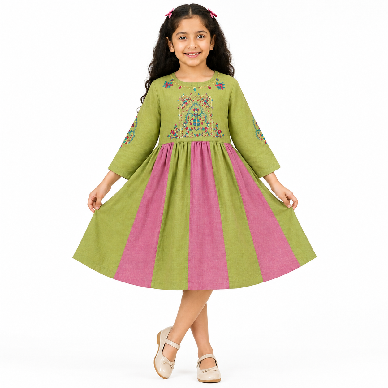 Girls Olive Green & Pink Embroidered Frock Dress | Tiny Soul