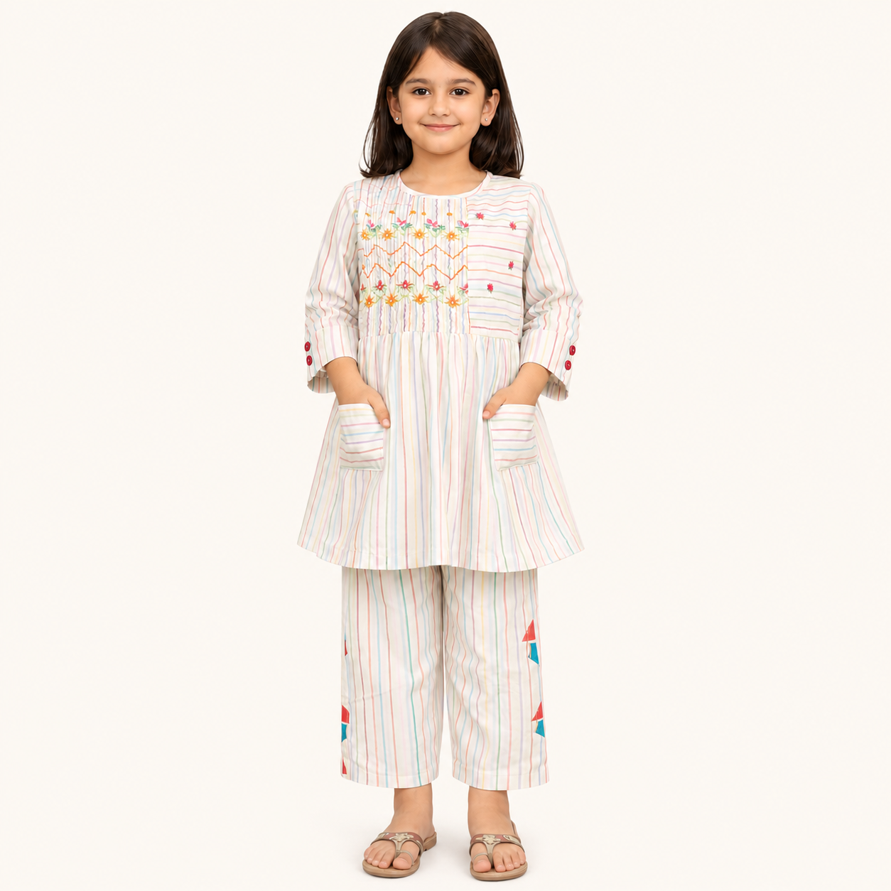 Girls Pastel Stripe Embroidered Cotton 2 Piece Suit | Kids Summer Outfit | Tiny Soul Pakistan