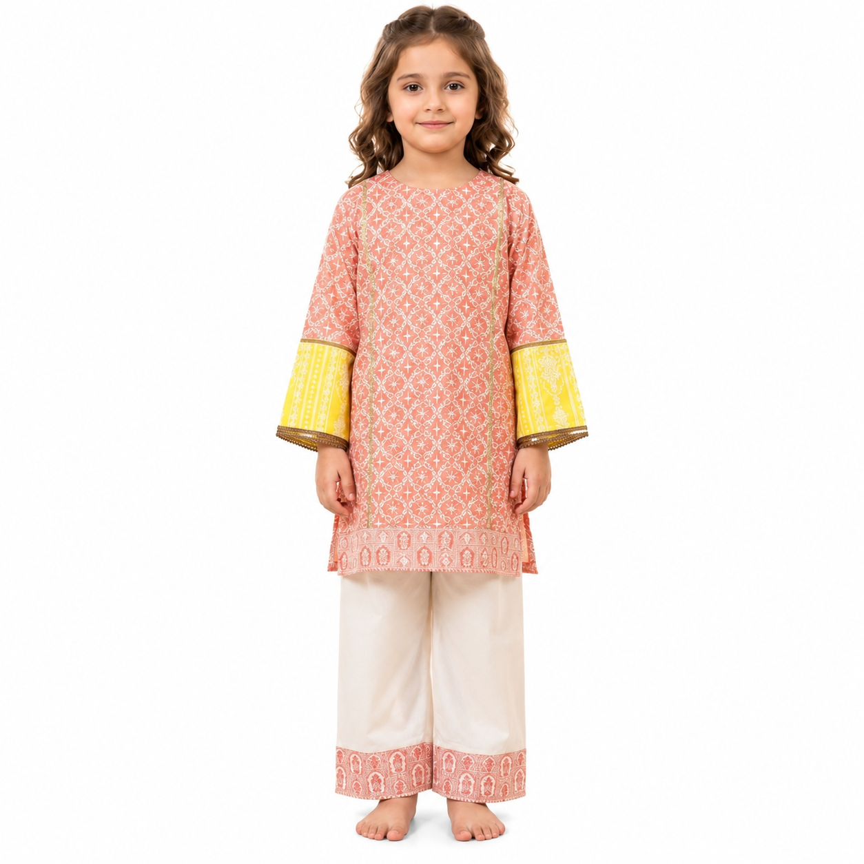 Girls Peach Printed 2 Piece Suit | Kids Cotton Casual Outfit | Tiny Soul Pakistan