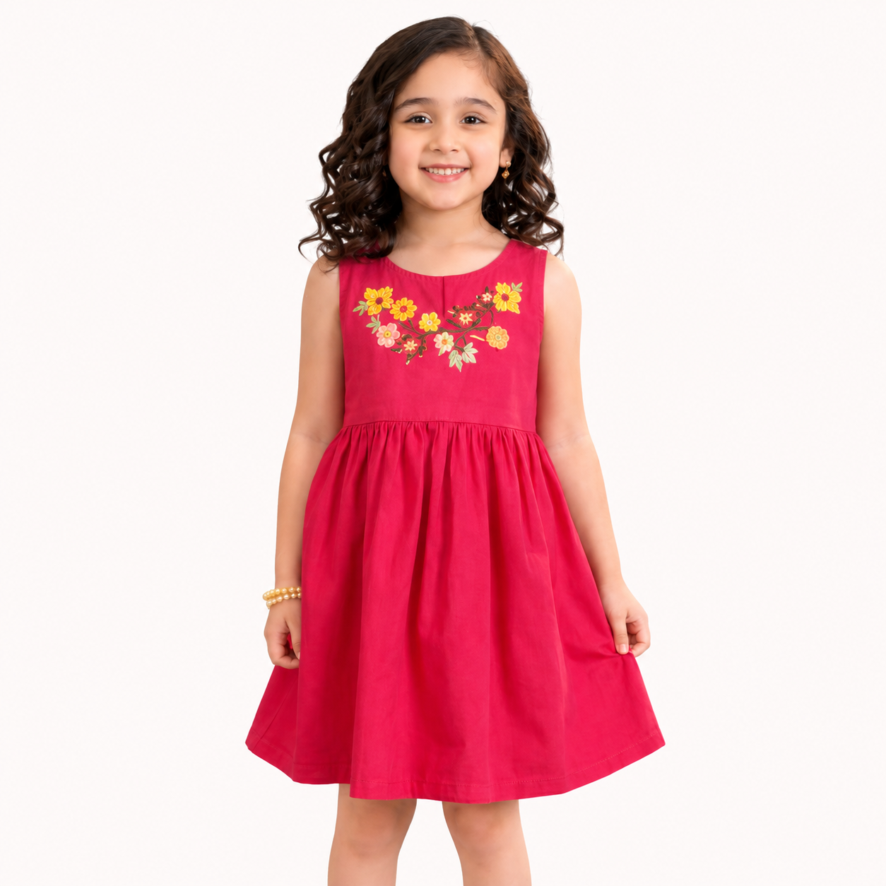 Girls Pink Floral Embroidered Cotton Frock | Sleeveless Summer Dress | Tiny Soul Pakistan