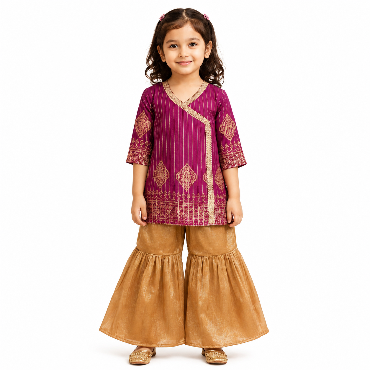 Girls Purple Kurti with Golden Sharara Set | Kids Party Wear | Tiny Soul Pakistan
