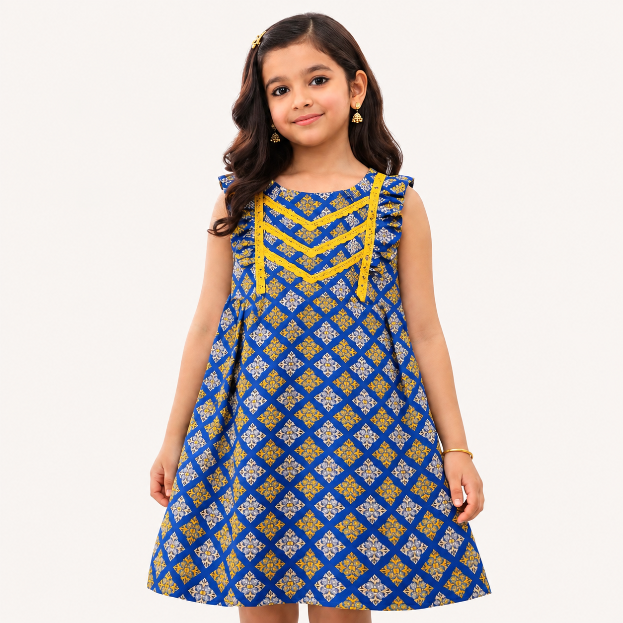 Girls Royal Blue Printed Cotton Frock with Yellow Lace | Summer Casual Dress