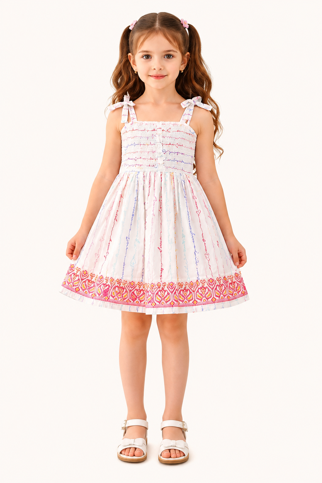 Girls White Printed Frock Dress | Pastel Party Wear | TinySoul
