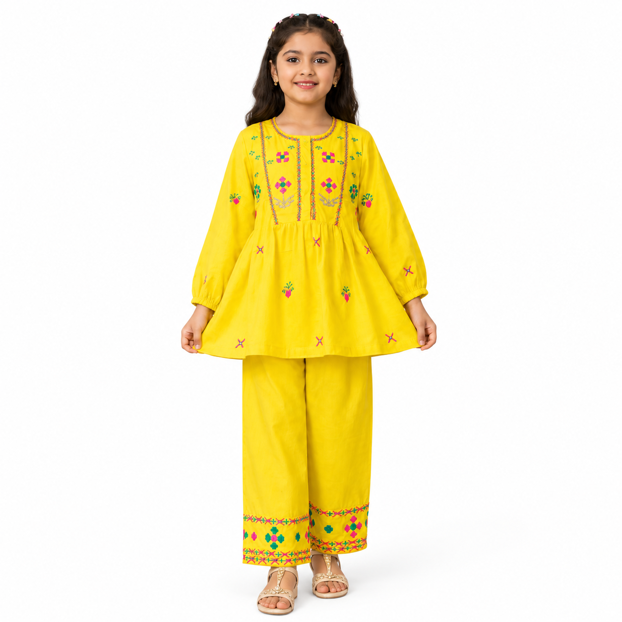Girls Yellow Embroidered Co-Ord Set | Kids Cotton 2 Piece Outfit | Tiny Soul Pakistan