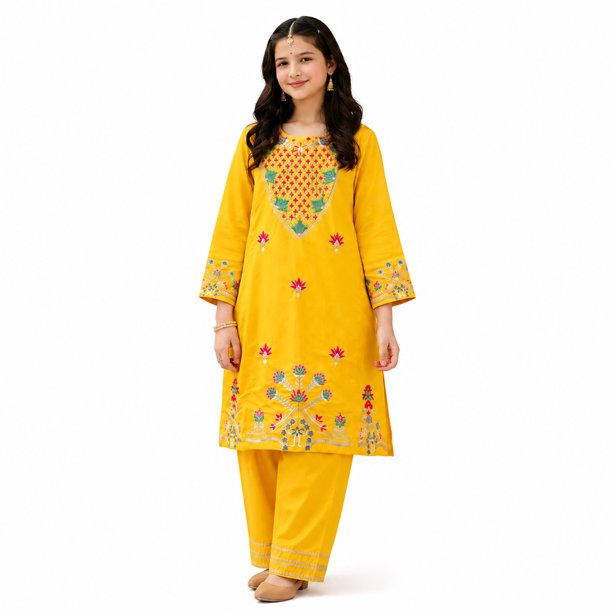 Girls Yellow Embroidered Kurta Trouser Set