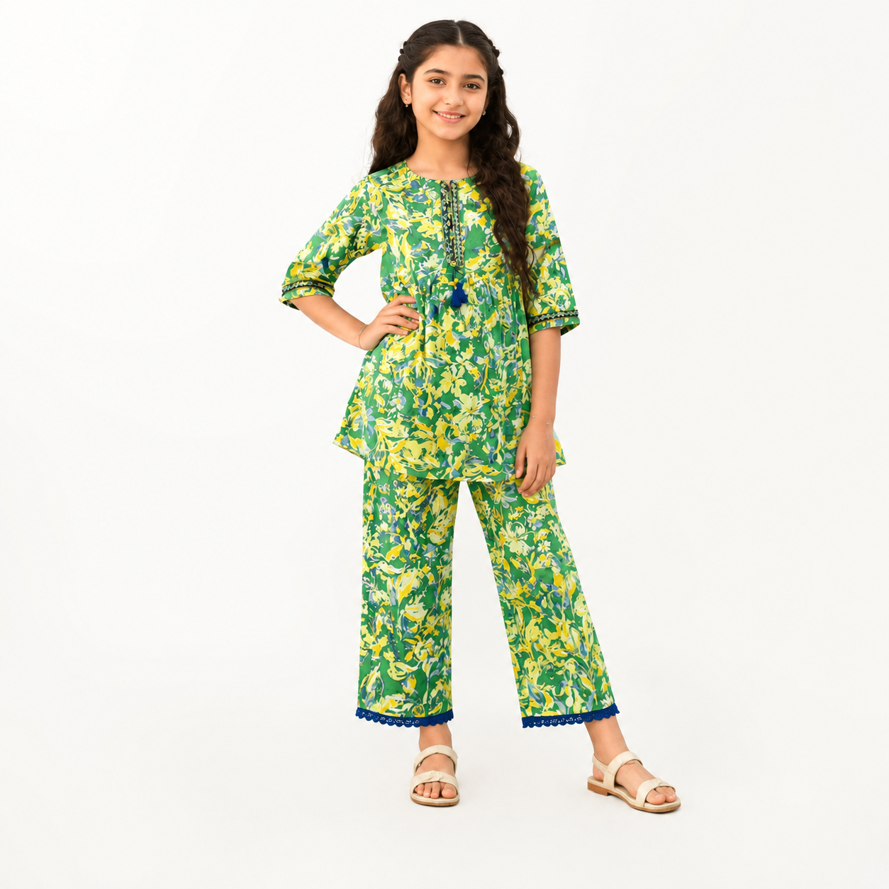 Green Floral Printed Girls Co-Ord Set | Kids Summer 2 Piece Outfit | Tiny Soul Pakistan