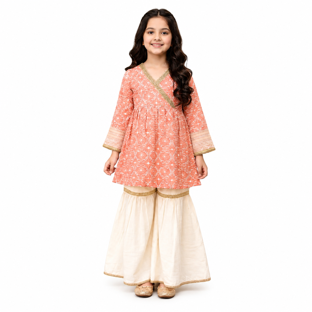 Peach Printed Girls Kurta Gharara Suit – Premium Kids Eastern Wear | Tiny Soul
