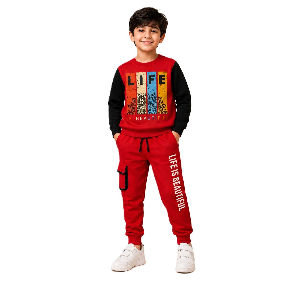 TinySoul Boys Life Is Beautiful Track Suit – Black & Red Cotton Fleece