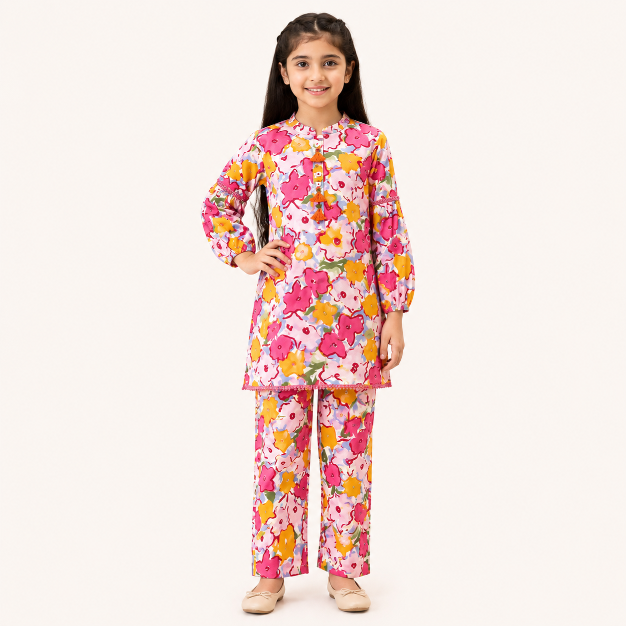 TinySoul Pink Floral Printed Girls 2 Piece Suit | Premium Kids Wear Pakistan